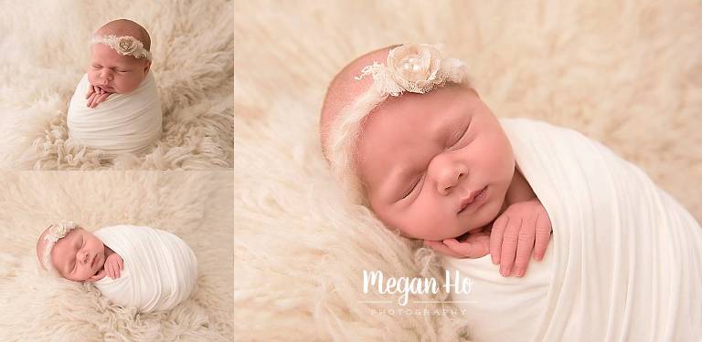 baby girl sleeping swaddled on all white in southern nh studio session