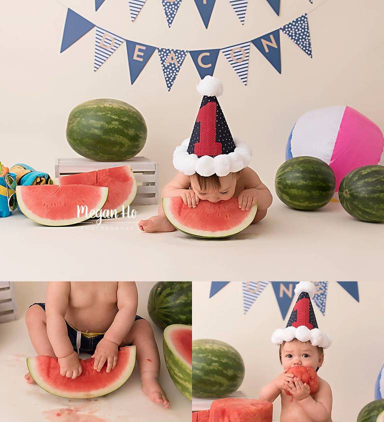 little boy with one hat on in studio session digging face into watermelon slice