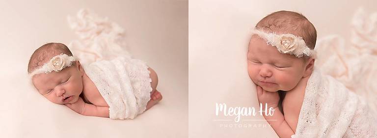 nh studio session baby girl sleeping under lace wrap with pretty tieback