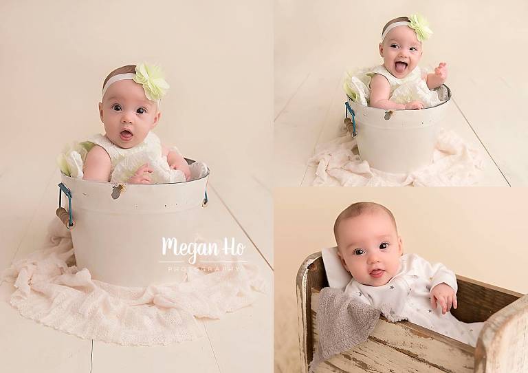 four month session baby girl in a white bucket in nh studio