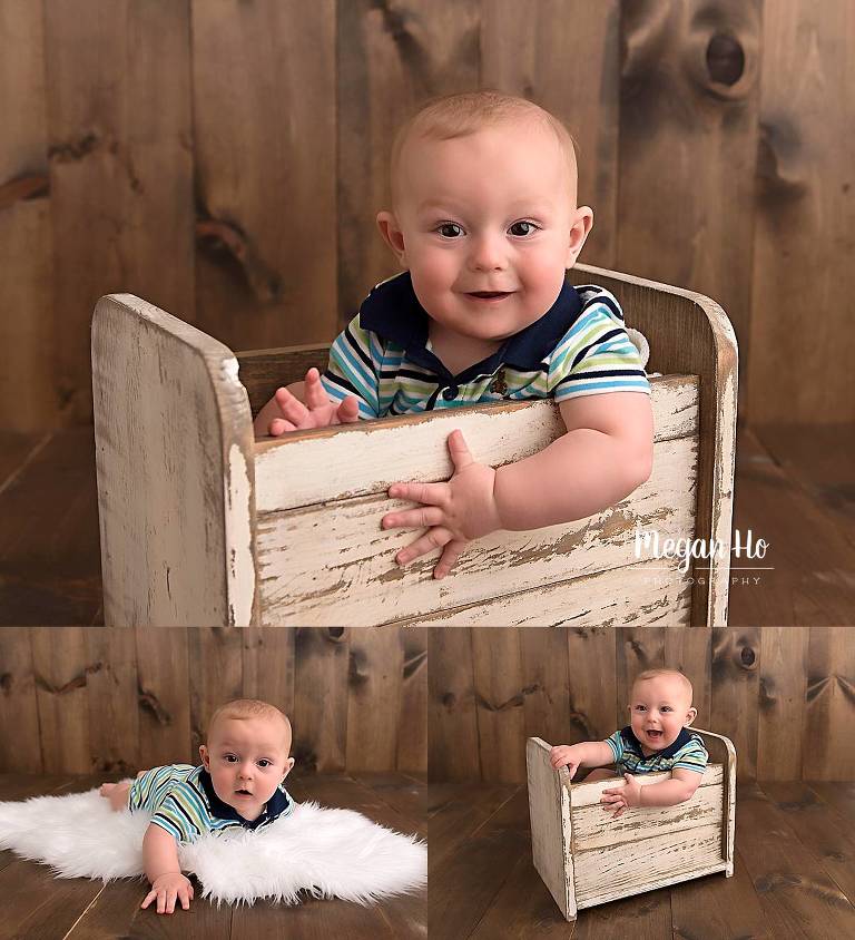 adorable baby boy sitting in a wooden bed in nh child session