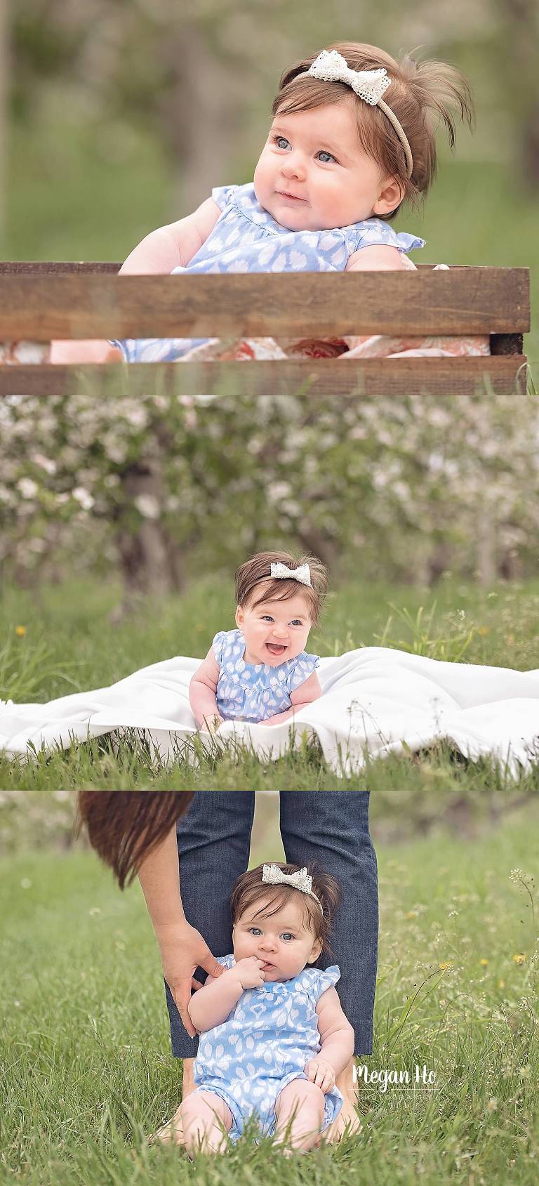 little baby girl spring session in apple orchard smiling and happy