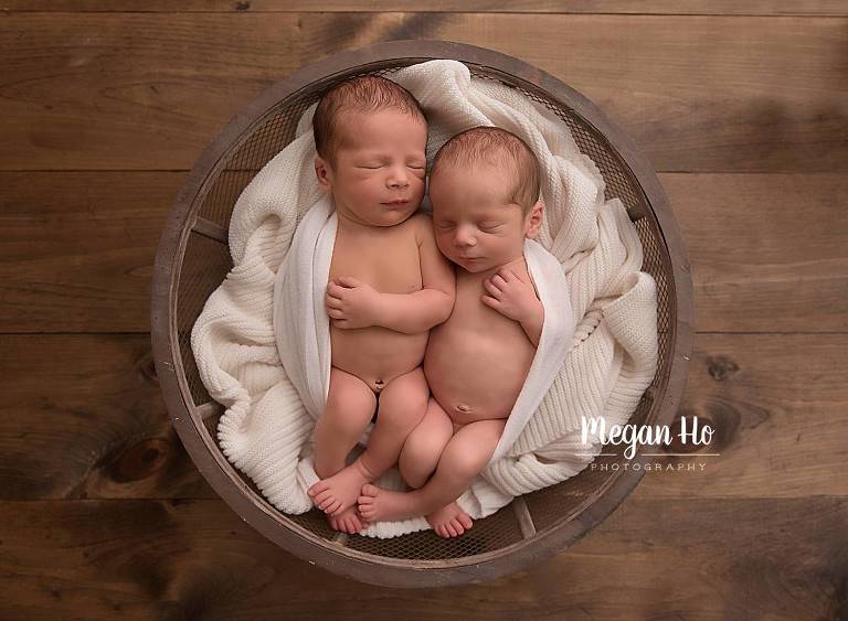 twin newborn boys wrapped in white in bowl nh