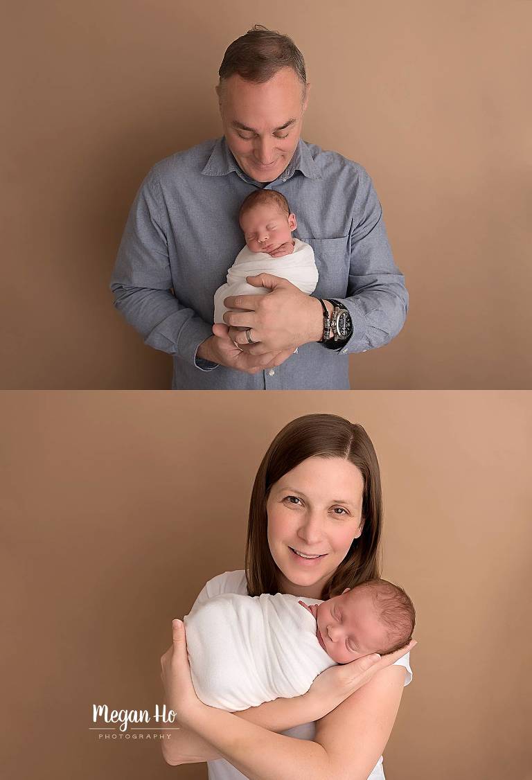 mom and dad snuggling-adorable-baby-boy in nh newborn session on brown background