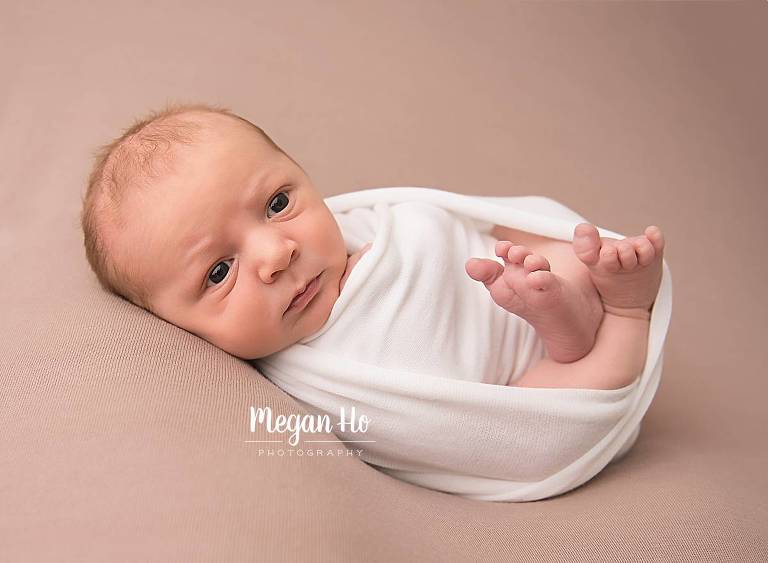 wrapped newborn in white on brown backdrop southern new hampshire