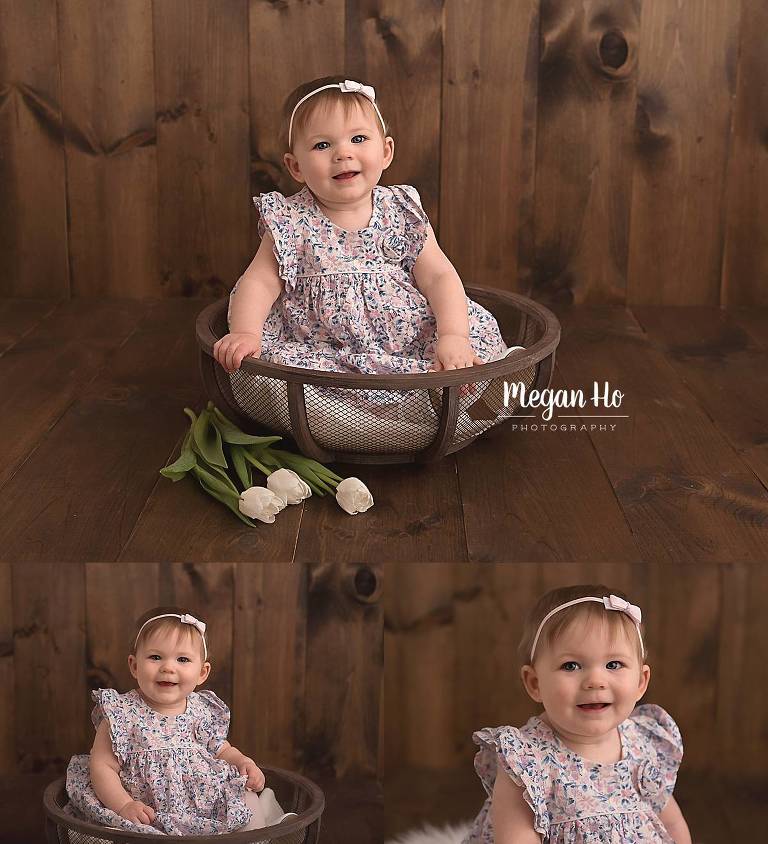 adorable girl in dress sitting in wood bowl in nh studio session