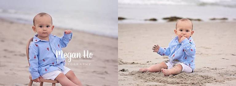 one year boy sitting and eating sand on beach photo shoot
