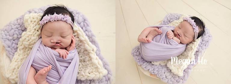 sleepy newborn girl wrapped in purple in a white bowl in newborn studio session