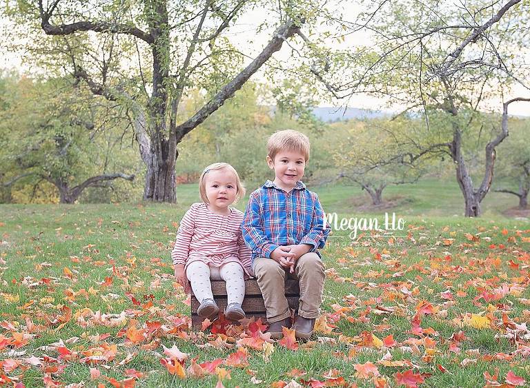 two kids sitting in beautiful apple trees with orange red and yellow leaves