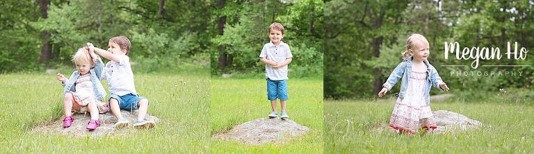 kids sitting and standing on rock in adorable summer session