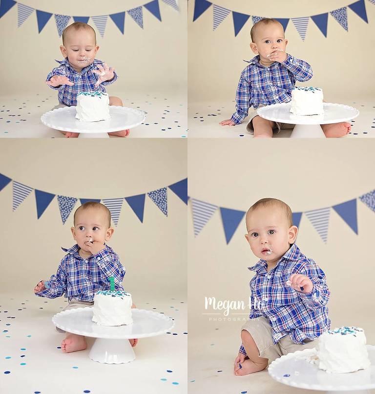 little boy in blue and white cakesmash in southern new hampshire