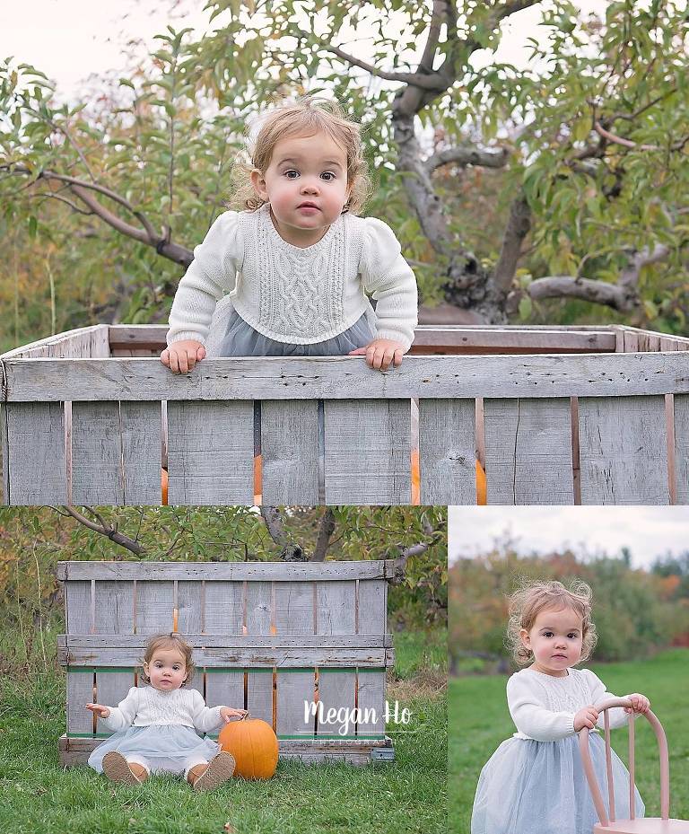 little girl in sweater dress in pumpkin patch with little chair in southern nh