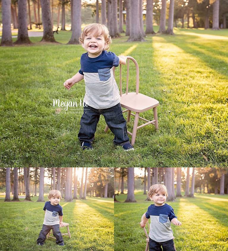 adorable little boy in New Hampshire park with a little chair