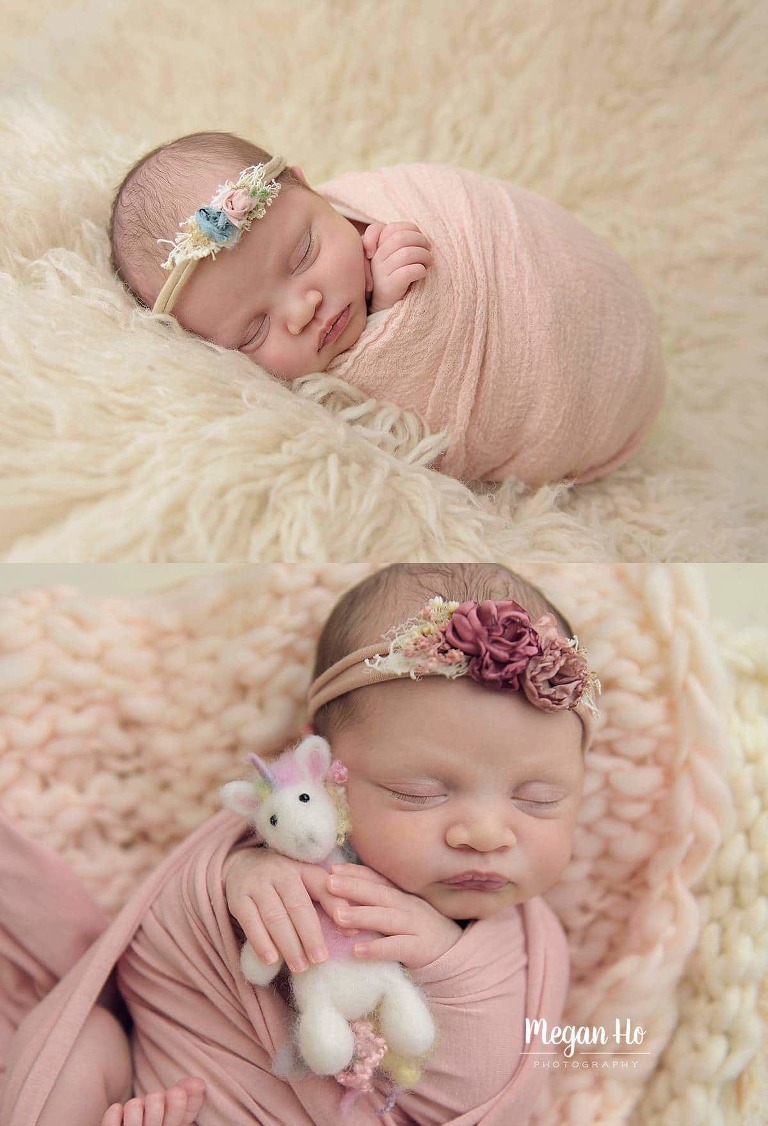 adorable sleeping baby girl wrapped in pink with dainty headband in nh
