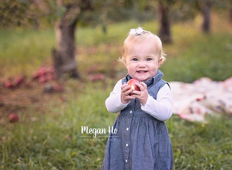 one year girl holding apple in nh apple orchard