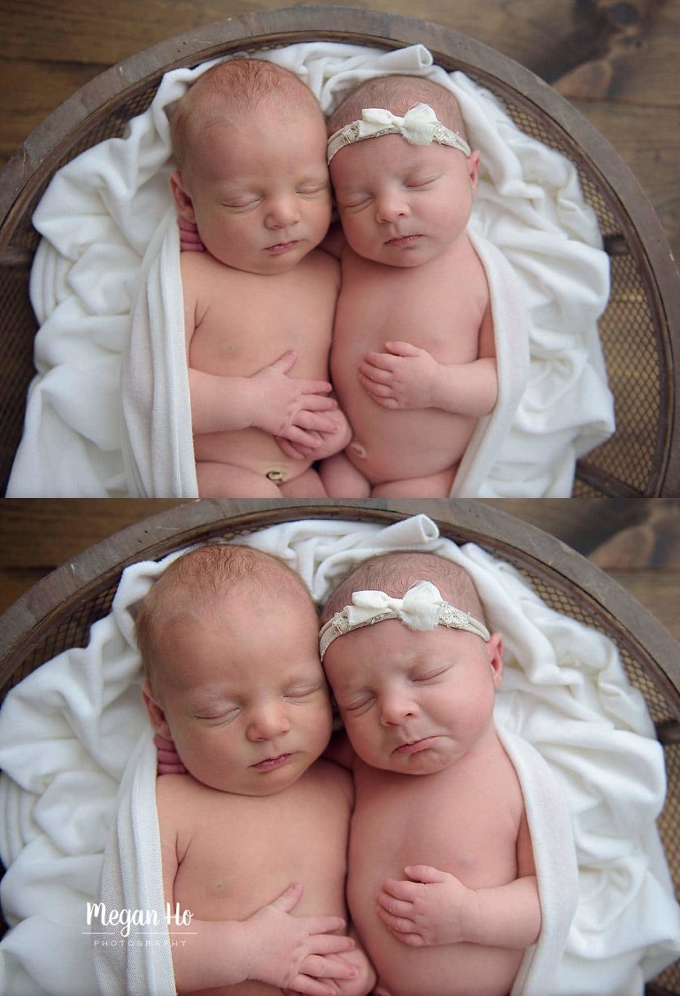 adorable babies snuggling together in wooden bowl in nh newborn session