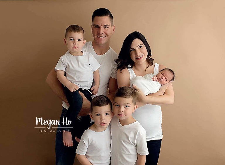 family of five in newborn studio Bedford NH on mocha backdrop