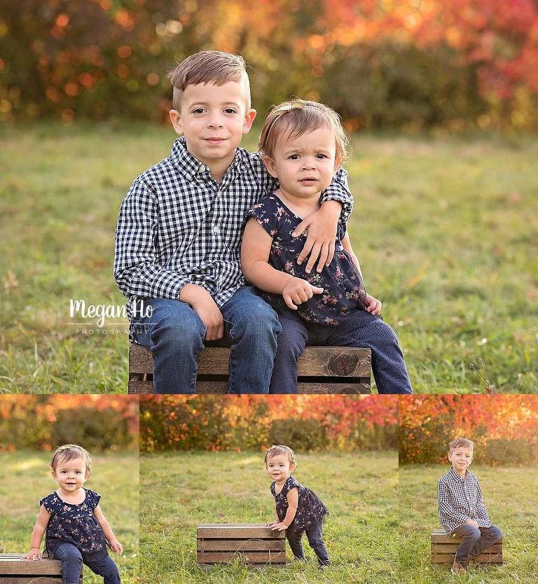 Siblings sitting on crate in nh fall session in front of orange tree