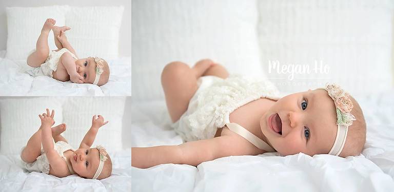 happy girl laying on a bed in studio milestone session