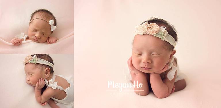 adorable newborn girl posed in studio session with cute lace romper and flower headband