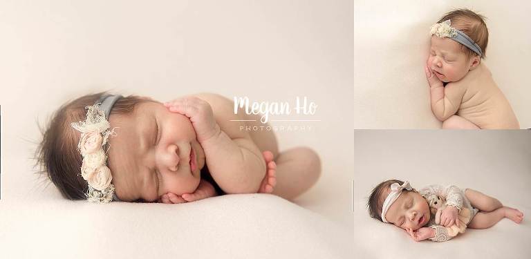 newborn session in bedford New Hampshire sleeping newborn girl with flower headband