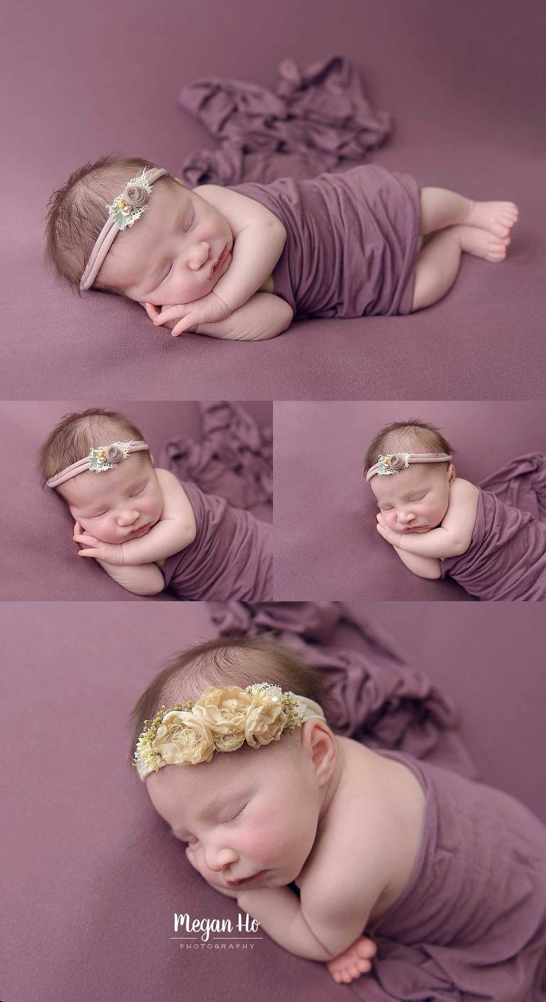 dark purple backdrop in nh sleeping baby girl wrapped