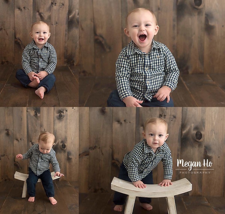 happy little one year boy in studio session on wood floor