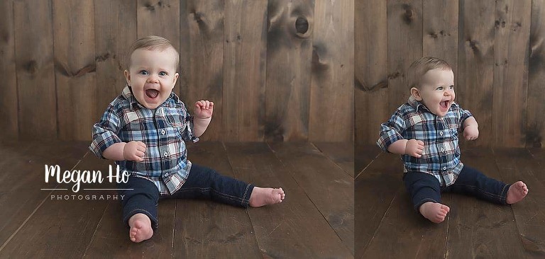 smiling happy one year boy in plaid shirt and little boy jeans in nh