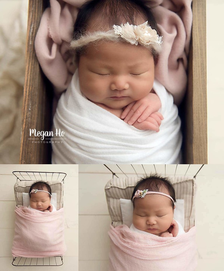 sleeping baby girl in pink and white on little bed in southern nh