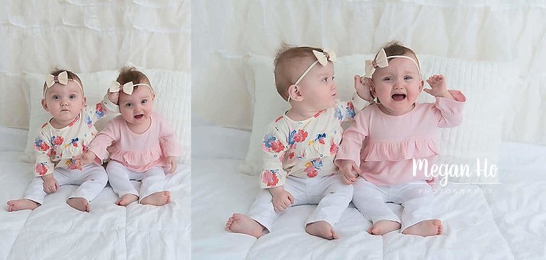 sweet twin girls on white little bed snapped each others headbands