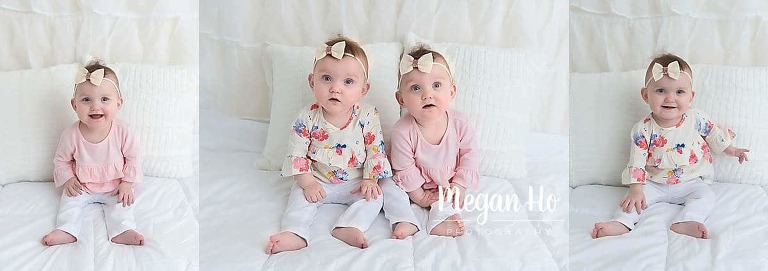 adorable twin girls on little white bed in one year studio session