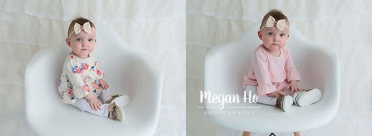 New Hampshire twin baby girl one year sessions sitting on white chair