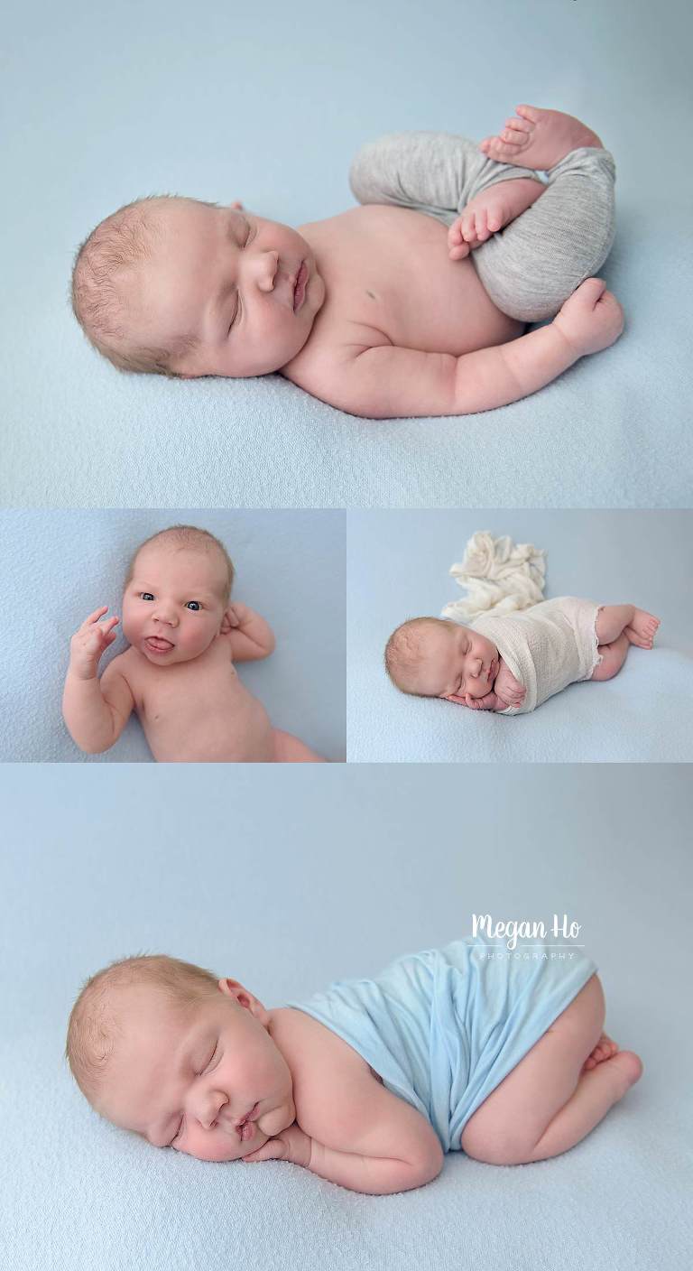 little boy who wasn't really sleeping on blue background in newborn session