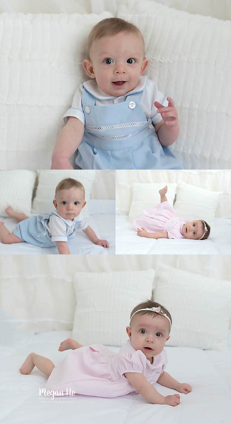 six month boy girl twins laying on bed with white pillows