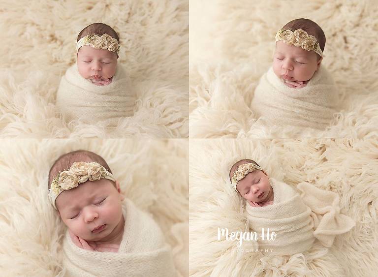 baby girl wrapped up tight in all white in New Hampshire newborn session