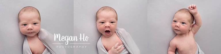 yawning and stretching little baby boy awake on grey blanket