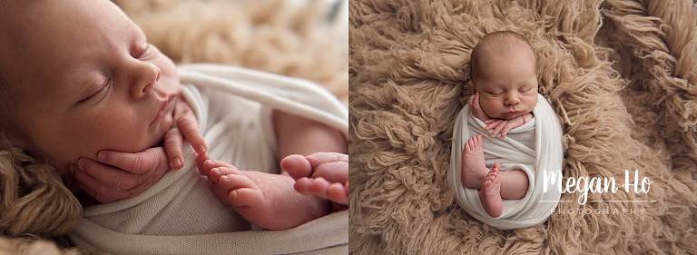 adorable newborn boy wrapped with little toes and fingers out in southern New Hampshire