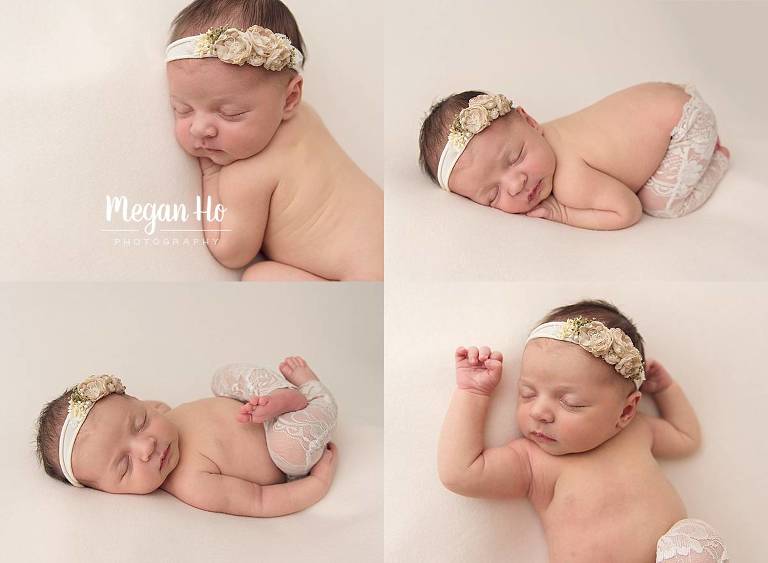 multiple poses on light blush blanket and little lace pants with little baby girl