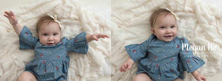 adorable six month old in blue laying on lace layers