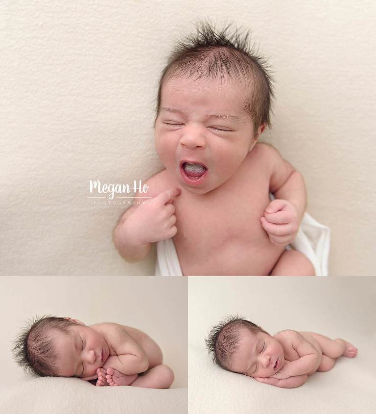 southern nh newborn session baby boy with brown hair sleeping and yawning