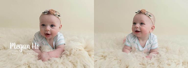 smiling four month old girl in pastels in nh milestone session