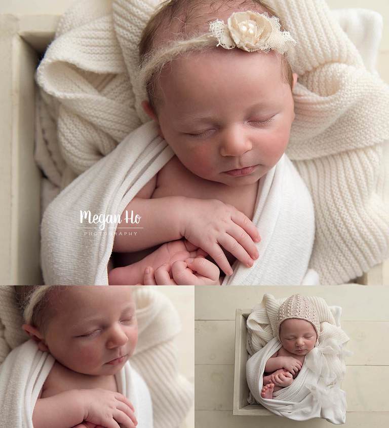 close ups of sweet five week old girl sleeping in white crate