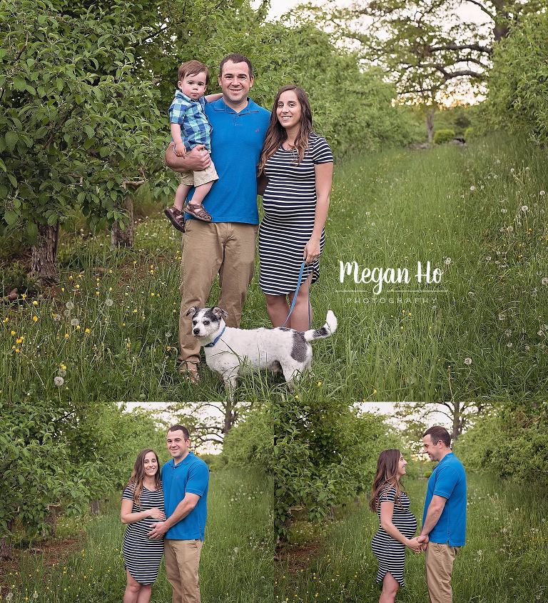 beautiful family standing in apple orchard with dog