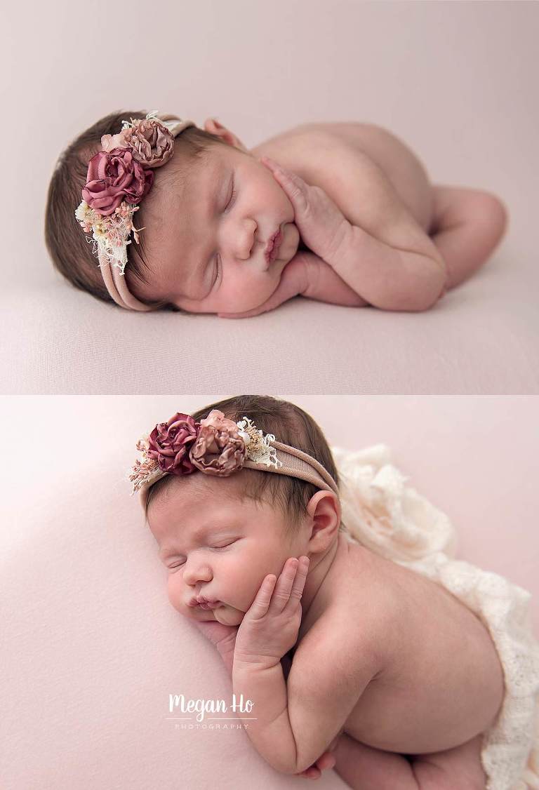 baby girl sleeping with hands on cheeks in pink