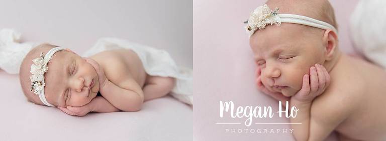newborn studio session with baby girl hands on cheeks in Bedford NH