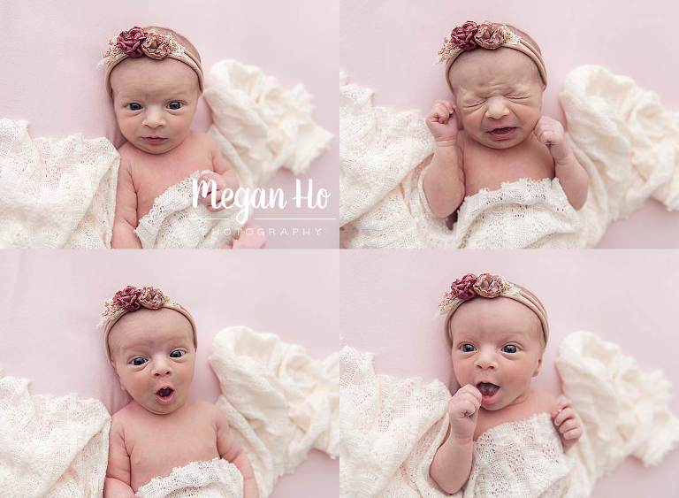 wide awake baby girl with fun expressions and sneezing on pink backdrop