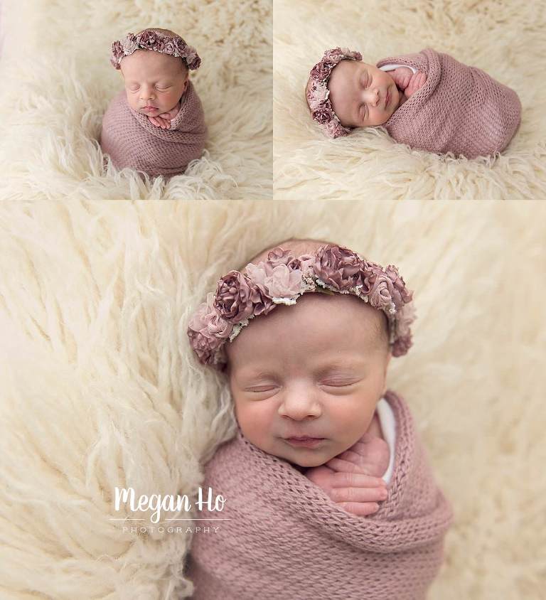 adorable sleeping girl in mauve knit wrap and flower halo sleeping soundly