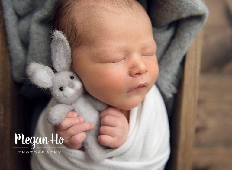little boy snuggling in little bed with adorable grey bunny