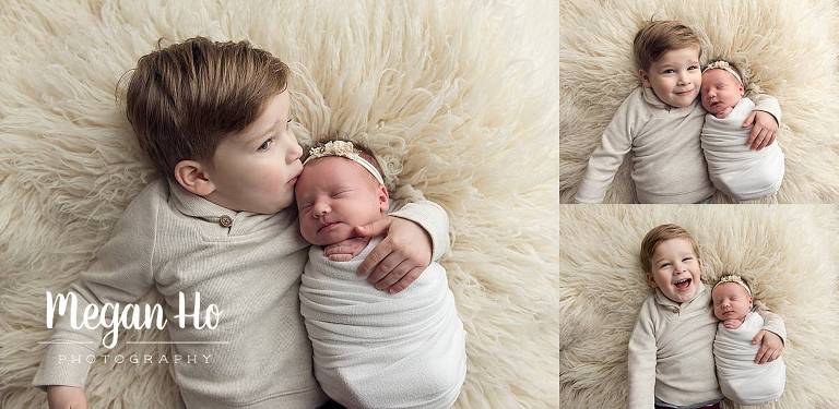 big brother and baby sister snuggle and giggle in nh session