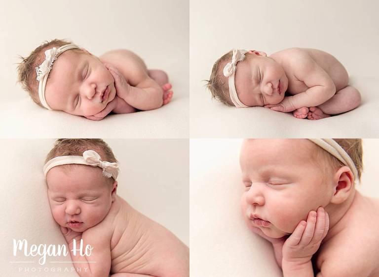 adorable sleeping baby girl with blood hair on blush backdrop